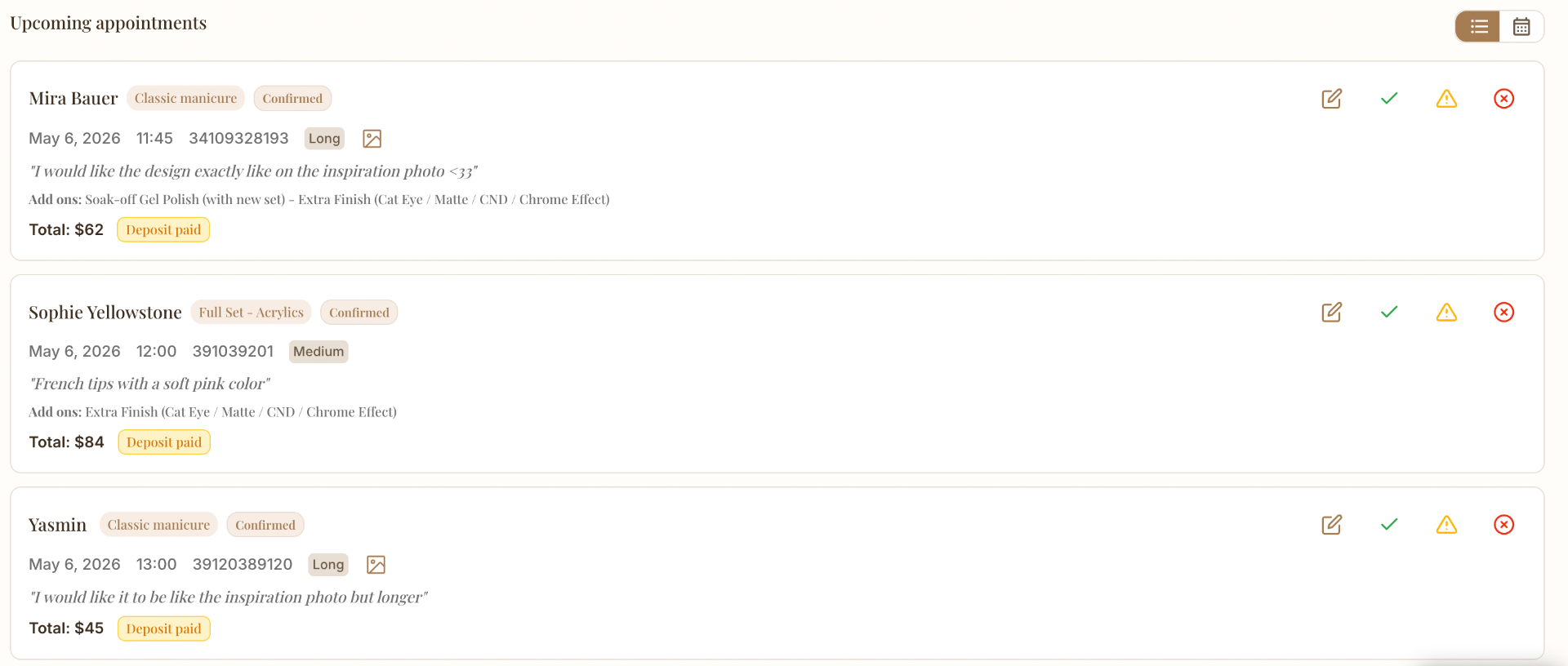 Upcoming bookings with services, add-ons, deposit status and inspiration photo indicator