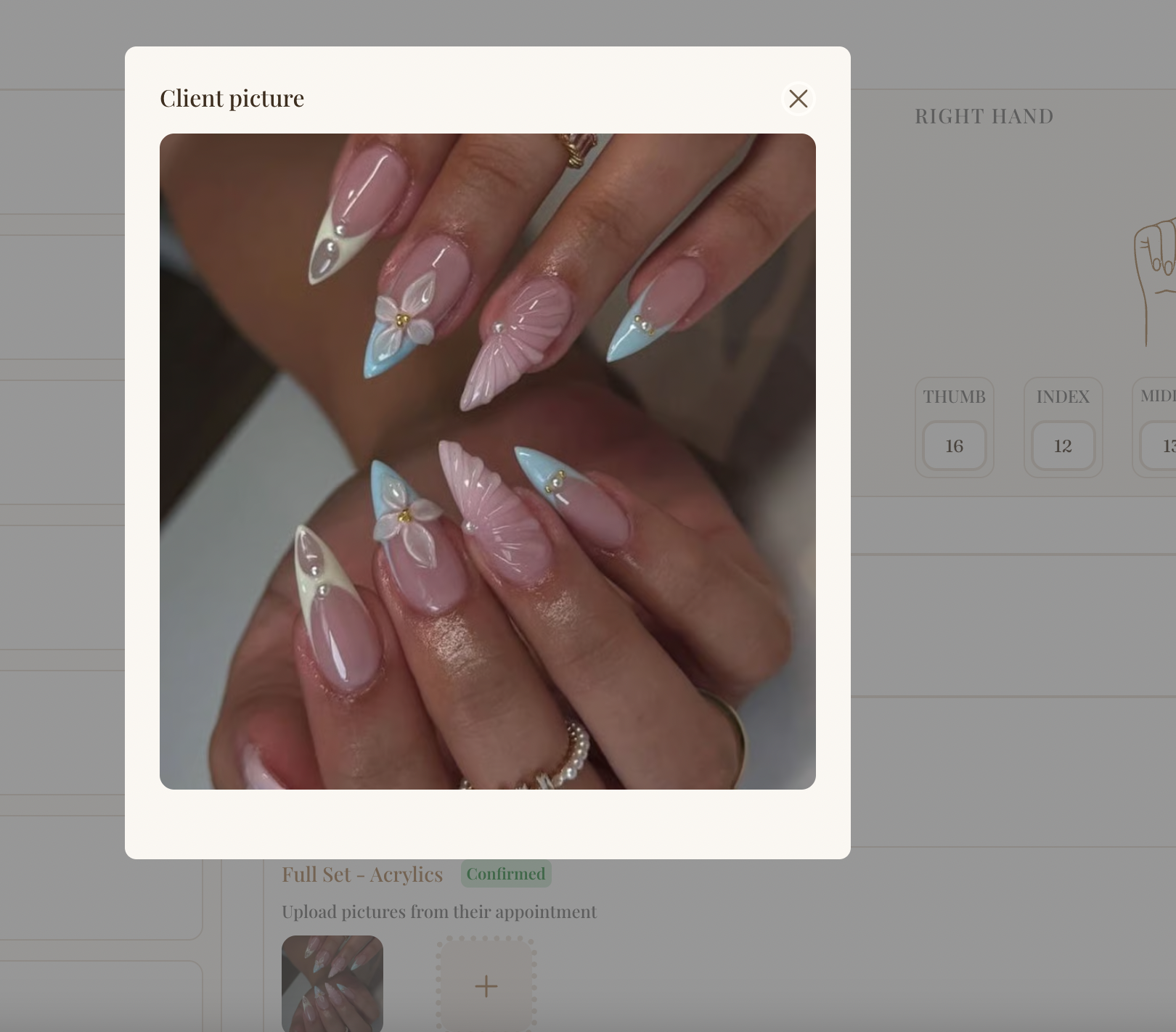 Photos of finished nail sets attached to a client profile
