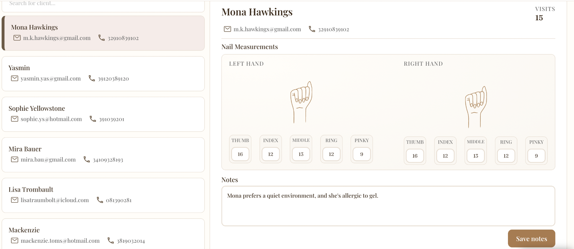 Client profile with nail measurements per finger and notes