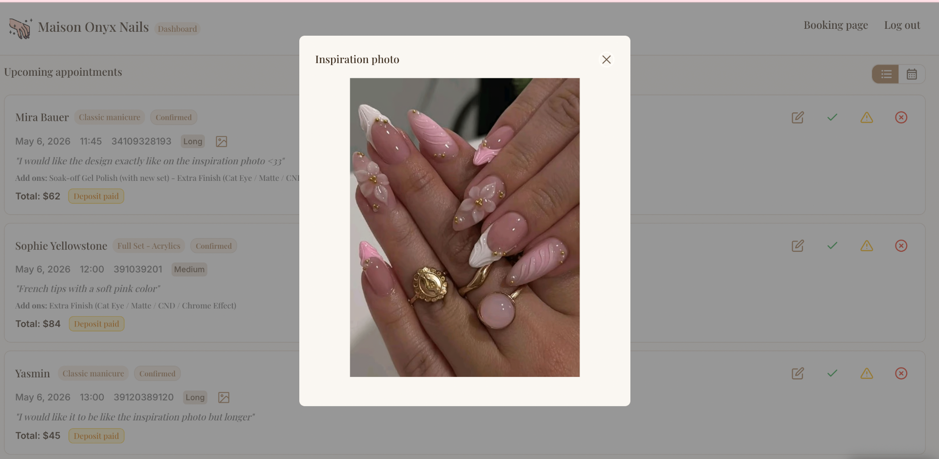 Inspiration photo attached to a client booking