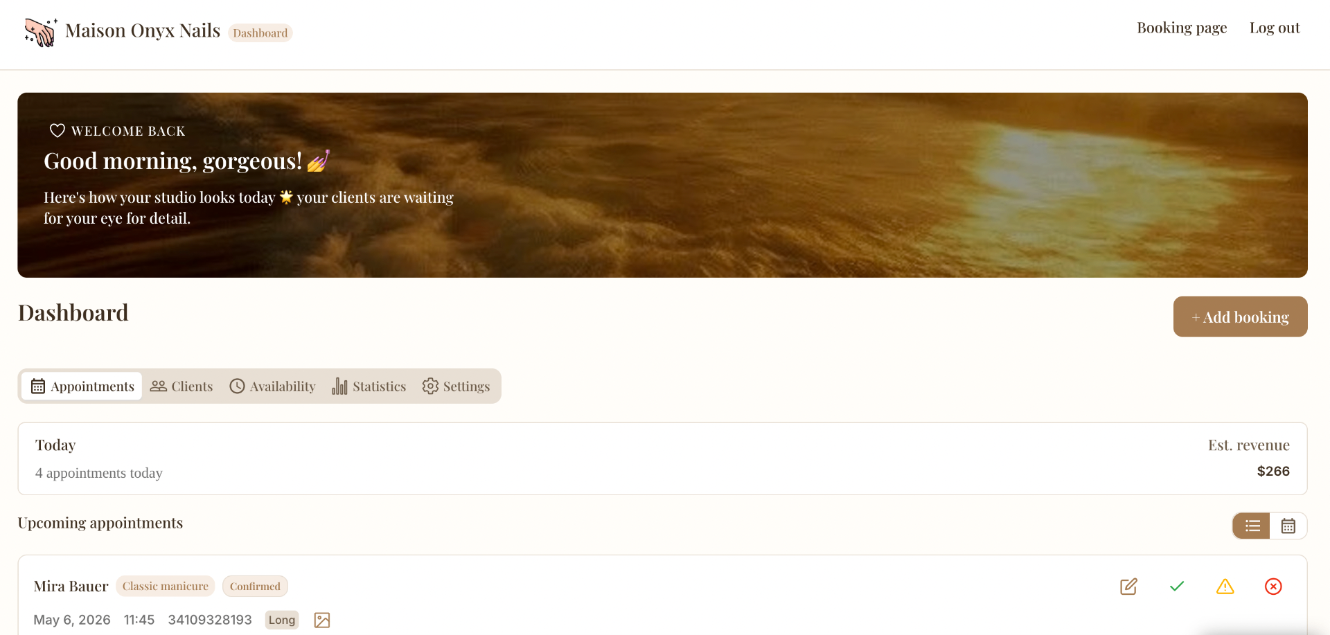 Maison Onyx Nails owner dashboard welcome screen