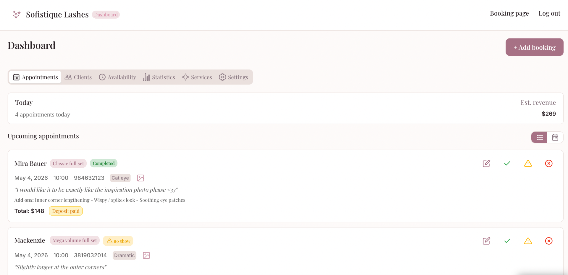 Upcoming appointments list with deposit status and client notes