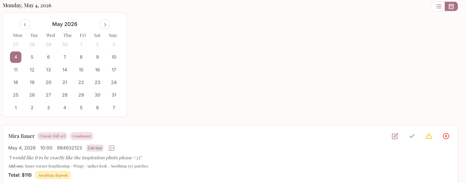 Calendar view of bookings for the day