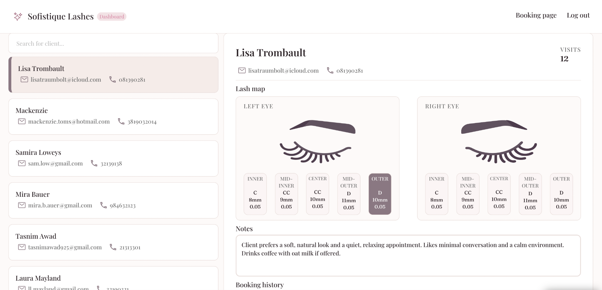 Client profile with lash map and notes